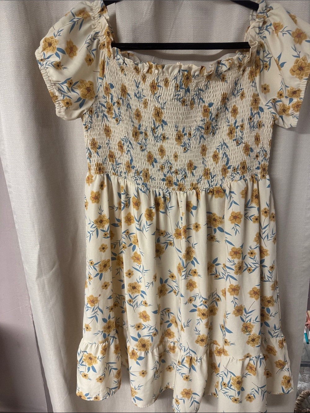 Cream Floral Smocked Puff-Sleeve Dress